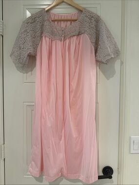 Women's Pink with Grey Contrasting Lace Yoke Nightgown